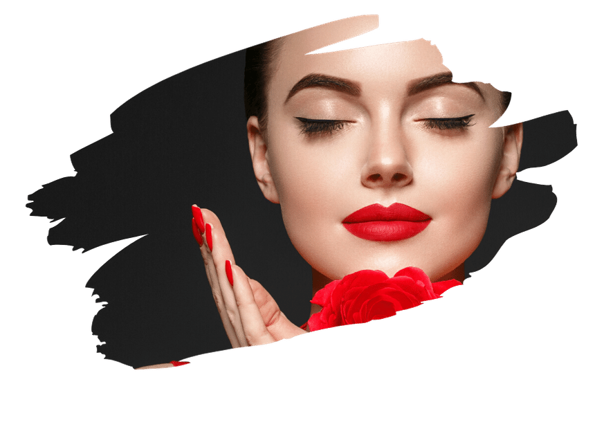 Woman with red lipstick and nails holding a red rose
